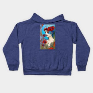 Dreamy pop surreal design of a pretty girl with blue hair flowers and red poppies Kids Hoodie